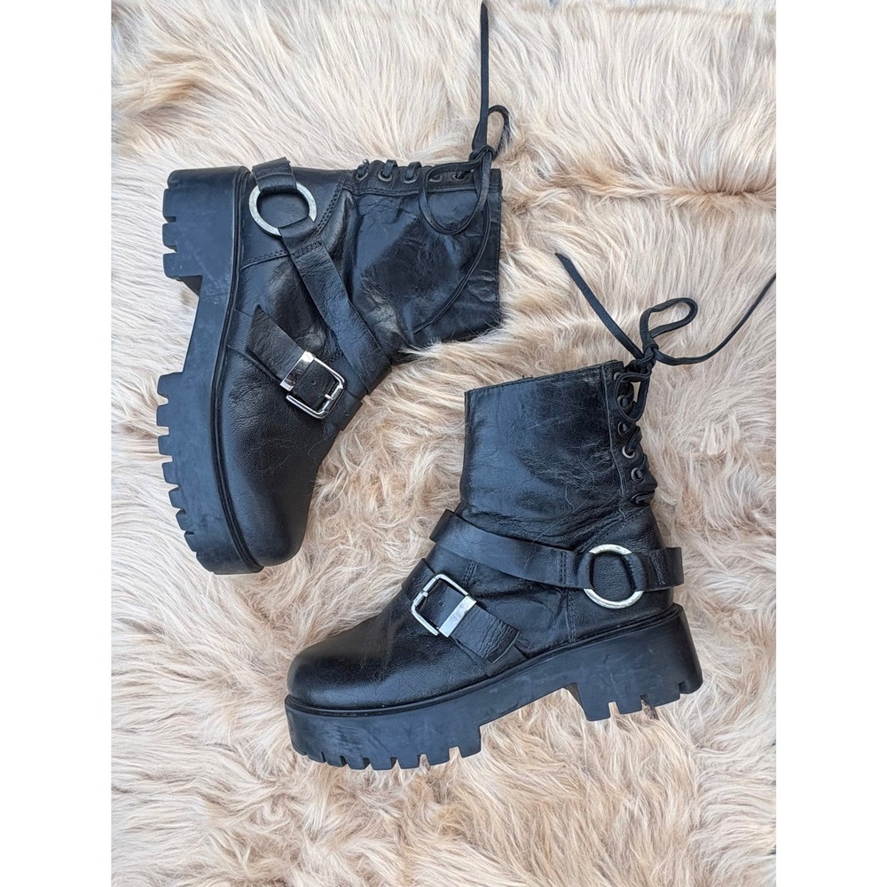 Black Leather Moto Combat Boots Chunky Lug Sole Buckle Harness Oobash Size 8